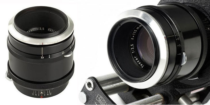 close up view on lens mount and lens barrel Carl Zeiss Tessar 3.5/115mm; for Contax, rare lens with bellows 1524, adapter 1523, both caps. Approx. Year: 1957 