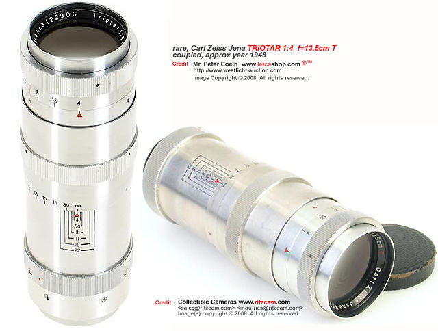 Carl Zeiss Jena Triotar 135mm f/4.0 T medium telephoto lens
very rare, original coupled LSM M39 Triotar; approx. Year: 1948