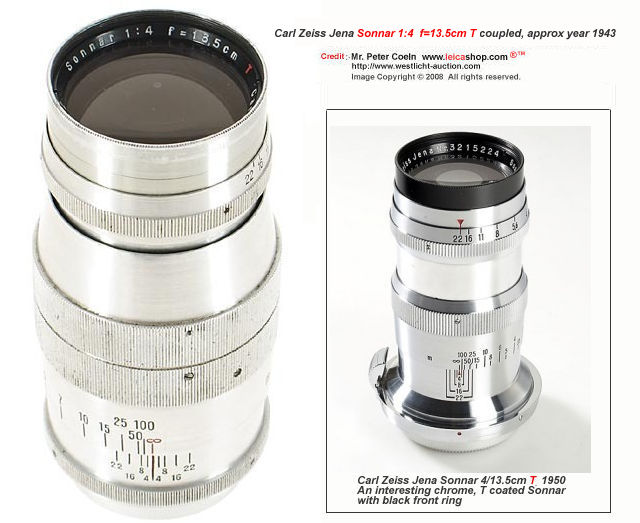 Carl Zeiss Jena Sonnar 4/13.5cm T, an interesting chrome, T coated Sonnar with black front ring; approx. Year: 1950; INSERT: Carl Zeiss Jena Sonnar 4/13.5cm T, another interesting chrome, T coated Sonnar with black front ring, approx. Year: 1950 