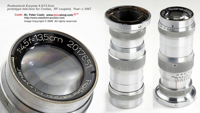 Rodenstock Eurynar 4.5/13.5cm prototype tele-lens for Contax, completely original, RF coupled, in beautiful condition. Year: c.1947 . 