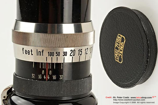 Distance scales and lens barrel in nickel finish + orgiginal Carl Zeiss Jena lens cap made in 1930+ for Carl Zeiss Jena Sonnar 4/13.5cm; for Contax, very early lens in black/nickel,  