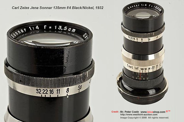 Carl Zeiss Jena Sonnar 4/13.5cm; for Contax, very early lens in black/nickel, 
distance scales marked in feet, both caps; approx. Year: 1932