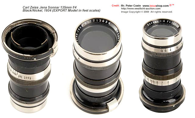 Carl Zeiss Jena Sonnar 4/13.5cm, for Contax I, black/nickel, export version with distance scales marked in feet, rear cap. 
Approx. Year: 1934/5 
