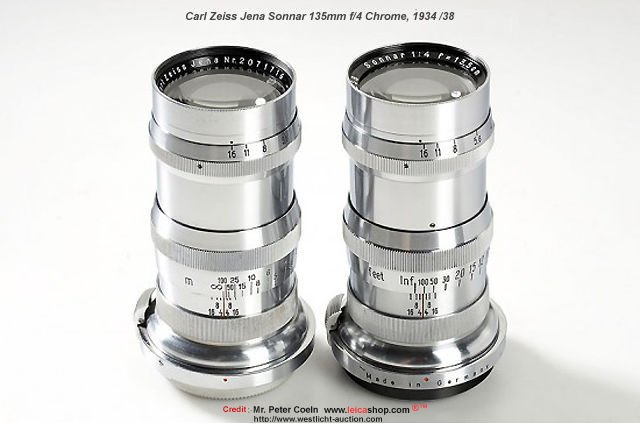 Carl Zeiss Jena Sonnar 4/13.5cm; early chrome Sonnar 4/13.5cm (in feet), chrome Sonnar 4/13.5cm (in meter)