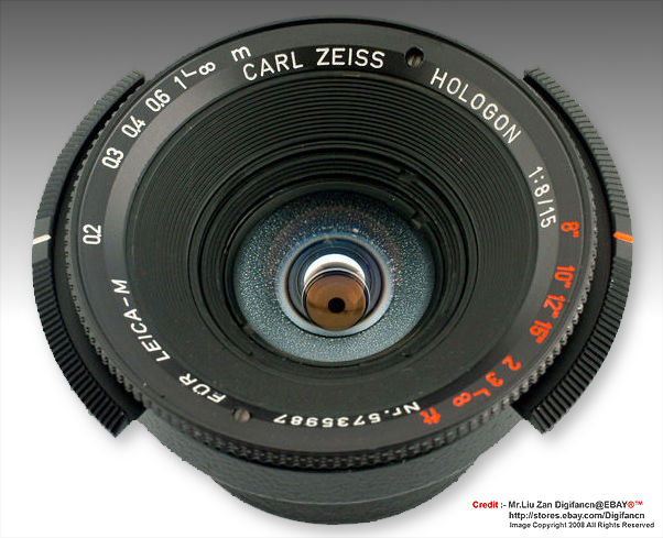 A detail view from the front on a Carl Zeiss Hologon 15mm 1:8 for Leica -M cameras.