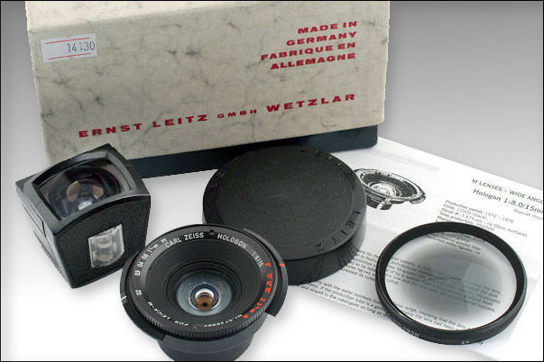 original box and literature for an original Carl Zeiss Hologon 15mm 1:8 for Leica -M cameras