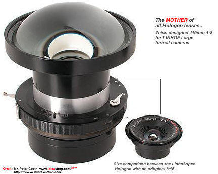 An extremlely rare and highly collectible Carl Zeiss 110mm 1:8 HOLOGON lens for Linhof larger format /view camera with built-in Compur shutter