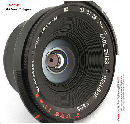 Close up view of an Original version of the Carl Zeiss HOLOGON 1:8/15 lens for LEICA-M with Bubble Optical viewfinder and center graduated filter