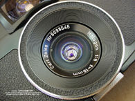 Closeup view of the Carl Zeiss Hologon lens on the Hologon ultrawide camera, 1972