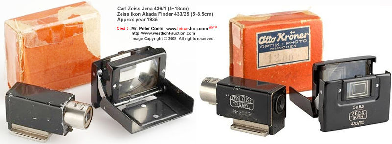 Carl Zeiss Jena Universal Finder 436/1 / Zeiss Ikon Collapsible Albada Finder type 433/25 for Contax, pre-war multiple finder 436/1 in black/nickel for 5-18cm, engraved: 'Made in Germany', collapsible Albada finder 433/25 in black for 5 + 8.5cm lenses. Ap