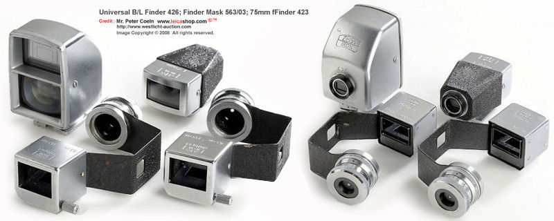 Zeiss Ikon Finders for postwar Contax - Universal B/L finder 426 (also for stereo, with case), finder mask 563/03 (in feet), finder mask 563/03 (in mtr), 75mm finder 423 (4) approx. year model 1956