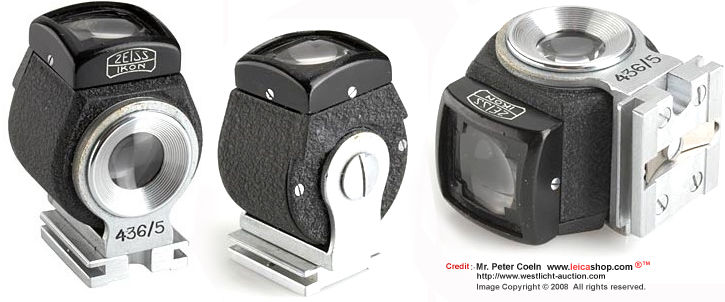 Carl Zeiss Jena Prism brilliant finder 436/5
rare finder in (hammer tone) black/chrome finish, for Contax, top condition

Condition: A/B
Year: c.1934