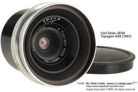 Zeiss Topogon 25mm f/4.0 for Contax, from the last series of 85 lenses (without T) made in 1957, both caps, very rare!  