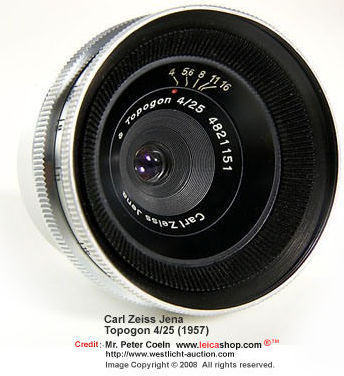 Zeiss Topogon 25mm f/4.0 for Contax, from the last series of 85 lenses (without T) made in 1957, both caps, very rare!  