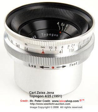 Carl Zeiss Jena 25mm f/4.0 T (4.5/25mm) wideangle rangefinder lens  Year: 1951 side section view with rear cap