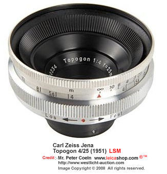 Carl Zeiss Jena 25mm f/4.0 T (4.5/25mm) wideangle rangefinder lens  Year:  for Leica Screw Mount (M39)