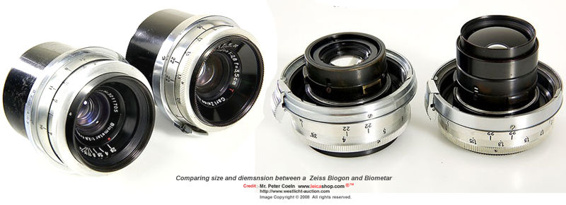 Size and dimension comparison between a Carl Zeiss Biogon and Biometar 35mm 