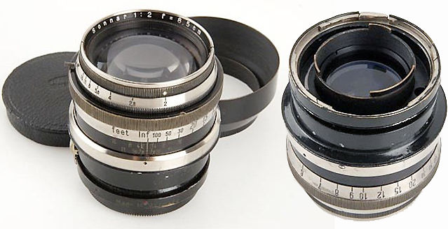 Rangefinder black ring version Contax Carl Zeiss JENA Sonnar 1:2 f=8.5cm  (85mm f/2.0) Chrome Telephoto lens  front view