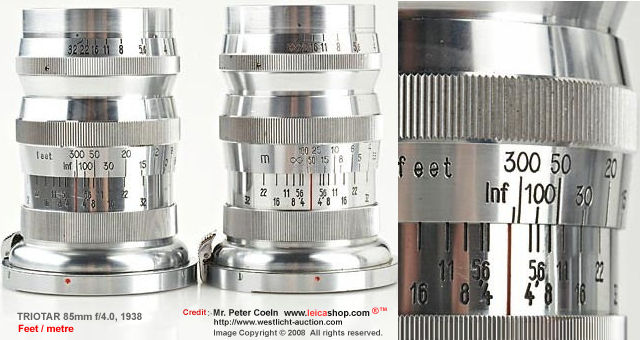Carl Zeiss Jena Triotar 4/8.5cm for Contax, Triotar 4/8.5cm (in meters) + Triotar 4/8.5cm  (in feet), 1938