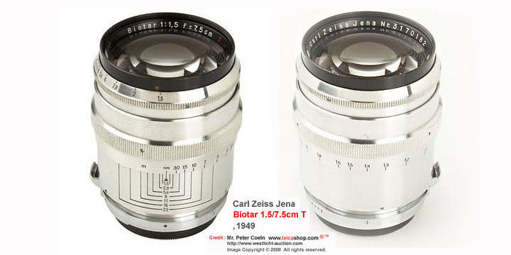 Carl Zeiss Jena Biotar 1.5/7.5cm T for Contax, in top condition, very rare with the original Contax mount, very early - possibly a lens for testing purposes ; Approx. Year: 1949
 