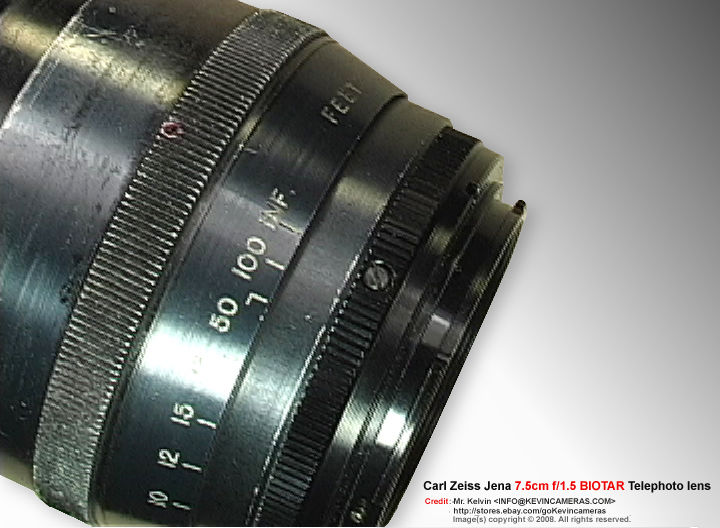 Rear section of the chrome lens barrel of a Zeiss-Opton Triotar 1:4 f=85mm (85mm f/4.0) telephoto lens