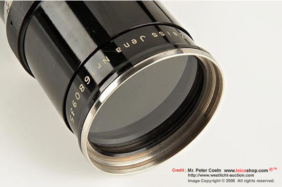Carl Zeiss Jena Fernobjektiv 50cm 1:8  (8/50cm) super telephoto lens, for Contax, extremely rare tele-lens with Flektoskop-mount in excellent original condition, with Flektoskop W91194, tripod-adapter 543/70, yellow filter, hood, original case. Approx.  
