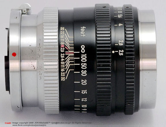 Nikon bayonet S-mount version  of the Nikkor 1:2.5 f=10.5cm (105mm f/2.5) medium telephoto lens  SIDE VIEW with various lens features and data on the lens barrel