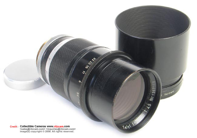 Leica f=20cm 1:4.5 (200mm f/4.5 Telyt telephoto lens (Post War version) for Visoflex (Reflex Housing)
Distance scales marked in feet 