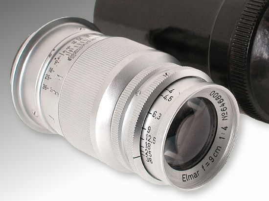 Leica/Leitz Elmar all-chrome 1:4 f=9cm. A rare all-chrome version of the Elmar 9cm, w/ black bakelite keeper. Approx. Year: 1947 