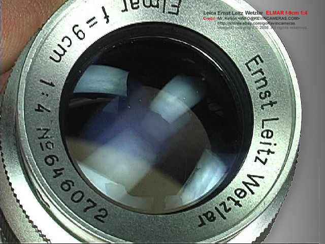 Front lens element of a  rare, all chrome version of Leica Ernst Leitz Wetzlar f=9cm 1:4.0 Elmar short telephoto lens