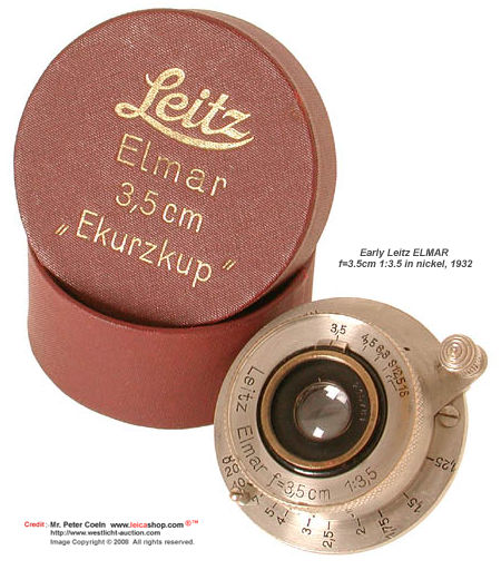 A Leitz rangdinder ELMAR 3,5/3,5cm in nickel with good 7 o'clock EKURZ, nickel finish, with an original red lens case. Approx year produced: 1932. Below: non Standard mount.