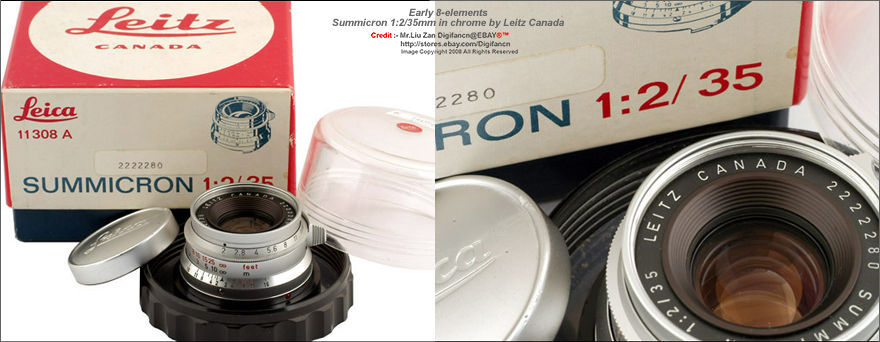 Early 8 elements Summicron 1:2/35mm in chrome made by Leitz CANADA