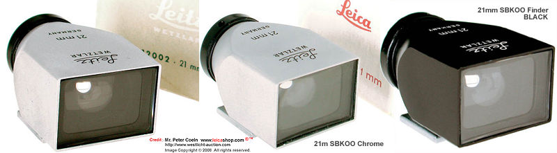 Leitz / Leica 21mm SBKOO chrome; 21mm chrome metal finder in maker's box / 21mm SBKOO black, 21mm metal finder in black finish 