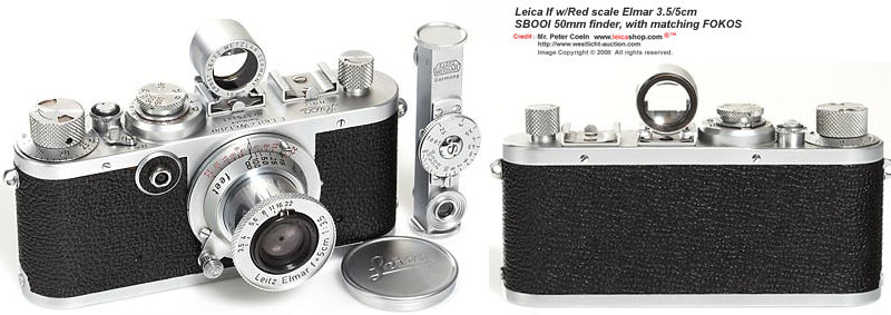 Leica 1f body with red scale Elmar 3.5/5cm , feet scale, cap, SBOOI 50mm finder, with matching FOKOS, feet scale
