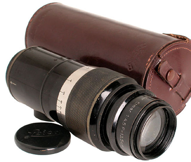 Elmar 4.5/13.5cm Black/Nickel, early, coupled EFERN with cap / case; approx. Year: 1932 