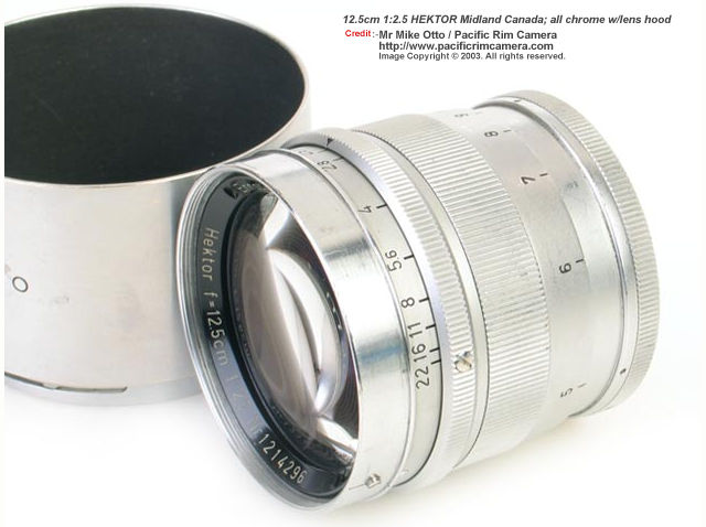Leica Ernst Leitz Wetzlar Germany  f=12.5cm 1:2.5  (125mm f/2.5) telephoto lens with dedicated lens hood in chrome for Visoflex