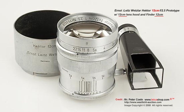 Ernst Leitz Wetzlar Hektor 2.5/12cm (125mm f/2.5) Prototype with dedicated 12cm lens hood and 12cm finder