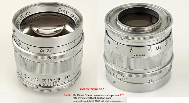 Front and rear views of Ernst Leitz Wetzlar Hektor 2.5/12cm (125mm f/2.5) Prototype with dedicated 12cm lens hood and 12cm finder