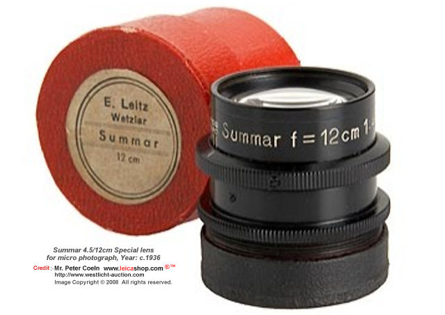Ernst Wetzlar Summar 4.5/12cm Special lens for micro photography, clean lenses, with cap and original maker's box; approx. Year: c.1936  