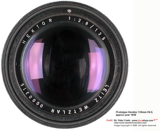 Hektor 2.8/135mm one of three prototypes (no.0000314-316) of this 135mm Hektor were produced in 1959. M39 screw mount for use with VISOFLEX II, partly in black paint, in very good condition, see: Wilhelm Albert, 'Geburtstage der Leitz-Foto-Konstruktionen 