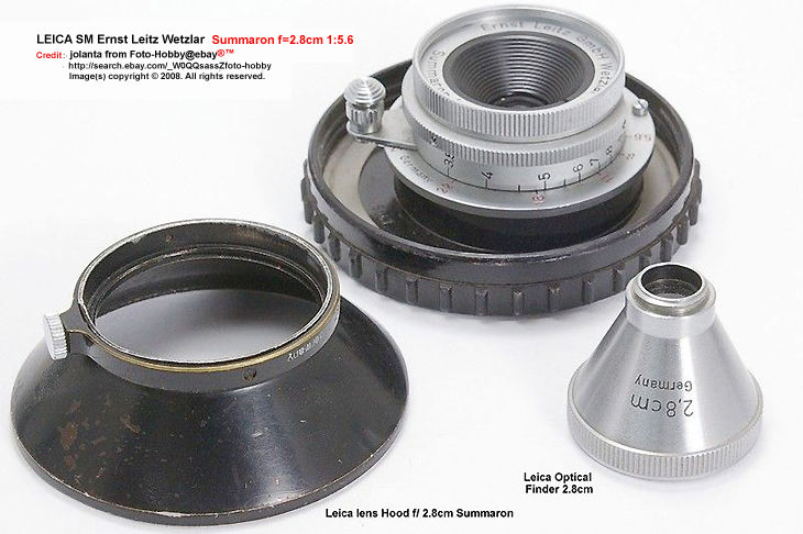 Leica rangefinder SM Ernst Leitz Wetzlar 1:5.6 F=2.8CM SUMMARON wideangle lens with dedicated metal lens hood and Optical finder 2.8cm