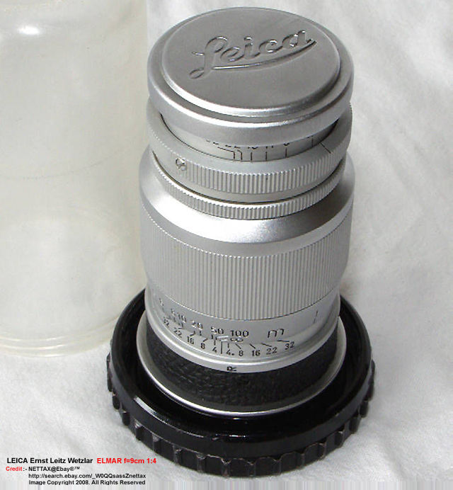 a metal lenscap covered Leica SM rangefinder (RF) chrome version of Ernst Leitz Wetzlar f=9cm 1:4.0 Elmar (a Nettax picture)