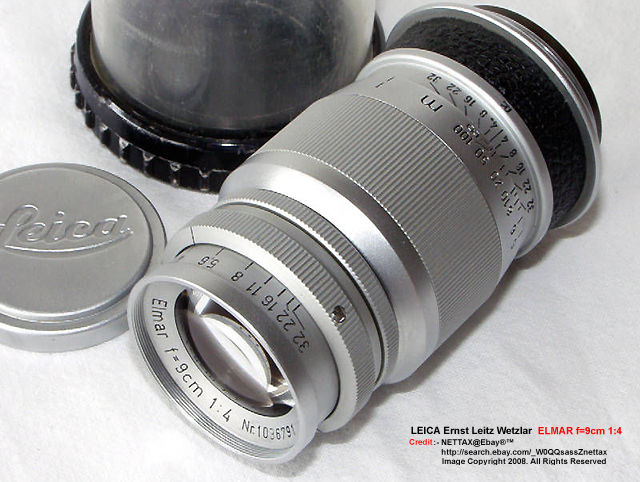 Lovely view of a Leica SM rangefinder (RF) chrome version of Ernst Leitz Wetzlar f=9cm 1:4.0 Elmar (a Nettax picture)