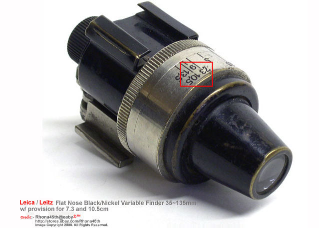 Leica / Leitz flat nose black nickel Universal Optical Finder  This is a rare Leitz variable finder.  It works for lenses from 35mm to 135mm, including 73mm & 105mm.  Also has parallax correction. 