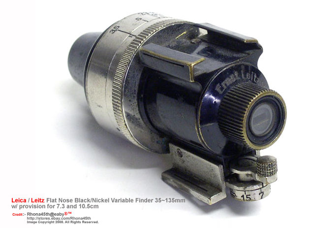 Leica / Leitz flat nose black nickel Universal Optical Finder  This is a rare Leitz variable finder.  It works for lenses from 35mm to 135mm, including 73mm & 105mm.  Also has parallax correction. 