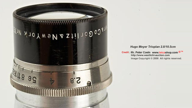Hugo Meyer Trioplan 2.8/10.5cm (4 1/4'); Hugo Meyer & Co. Grlitz & New York, 
very rare, coupled lens in original M39 mount 