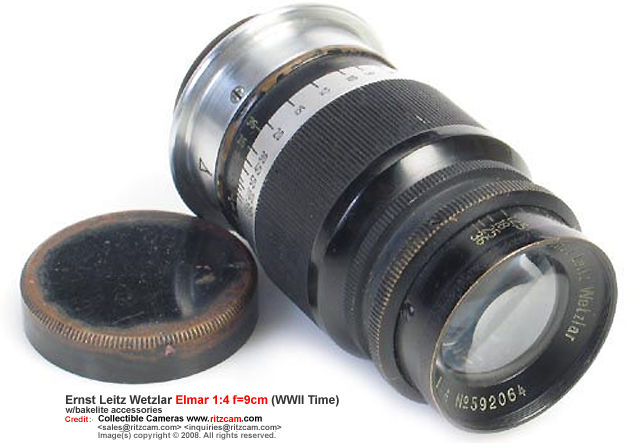 Ernst Leitz Wetzlar ELMAR 9cm 1:4 war time model with Bakelite accessories