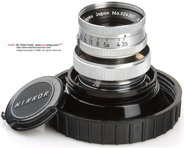 rest in the lens case base plate of a Nippon Kogagu Japan / Nikon S-mount rangefinder series of Micro-Nikkor 1:3.5 f=5cm