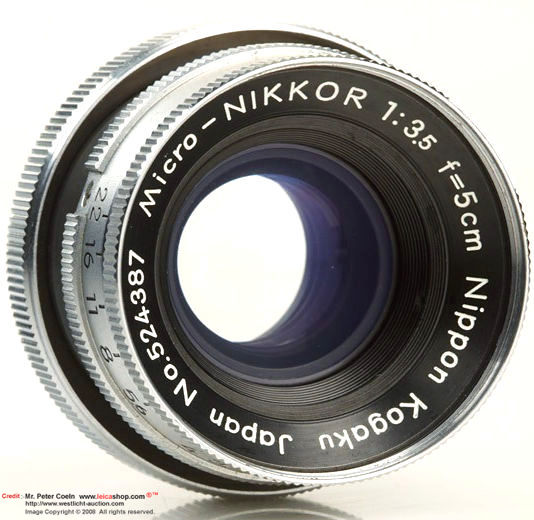chrome finish of a Nippon Kogagu Japan / Nikon S-mount rangefinder series of Micro-Nikkor 1:3.5 f=5cm
