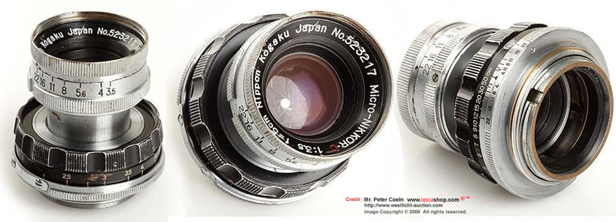 very well used Nippon Kogagu Japan / Nikon  rangefinder series of Micro-Nikkor 1:3.5 f=5cm in Leica m39 LSM LTM mount